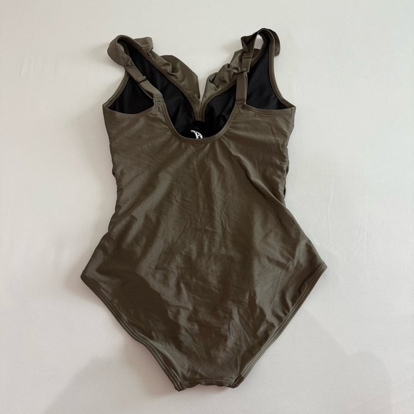 NWOT DKNY Ruffle Plunge One-Piece Swimsuit Olive Green - Picture 7 of 10